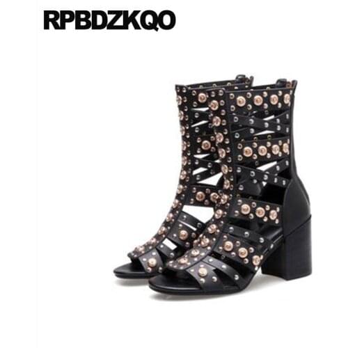 Women Summer Rivet Black Flat Metal Chunky Punk Rock Boots Short Stud High Heel Luxury Shoes Sandals Open Toe Ankle Gladiator