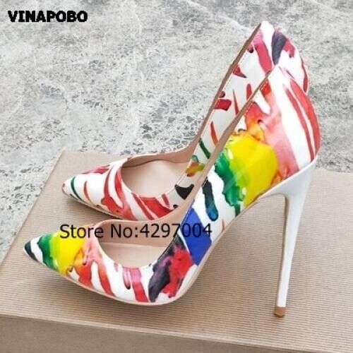 Free shipping real pic colorful Graffiti printed pointed toe woman lady female high heel party wedding shoes bride ladies pumps