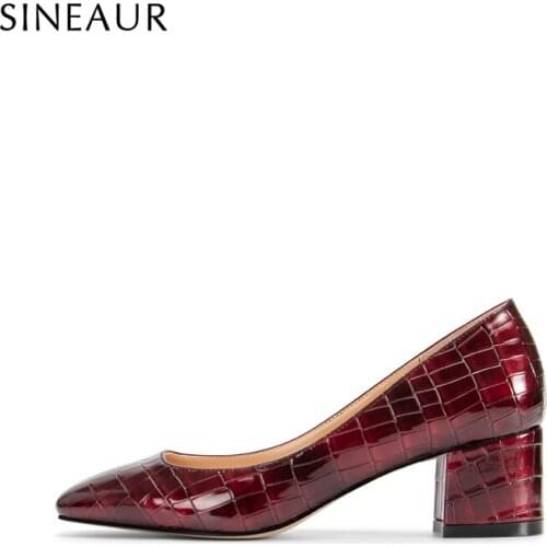 SINEAUR Women Shoes Fashion Low Mid-heel Pumps Chunky Heels Square Toe Crocodile Print PU Elegant Office Ladies Plus Size 35-45