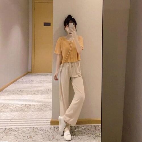 2021 New Summer Women Fashion Casual Two Piece Suit Ice Silk Knit Short Sleeve Tops and High Waist Wide-leg Pants Suits X31