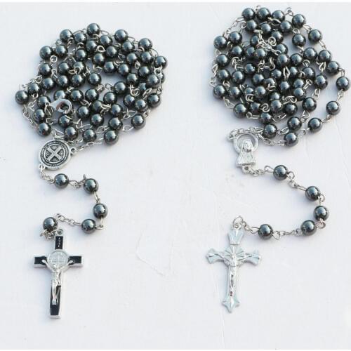 12pcs 2style 6mm hematite rosaries beads necklaces men women Prayer rosary catholic chotk jesus christ cross pendant jewelry