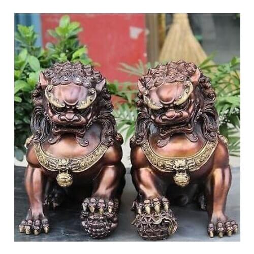 28cm Chinese Bronze Gilt Guardian Foo Fu Dog Hold Ball Door Lion Kid Statue Recommend to Buy Pair
