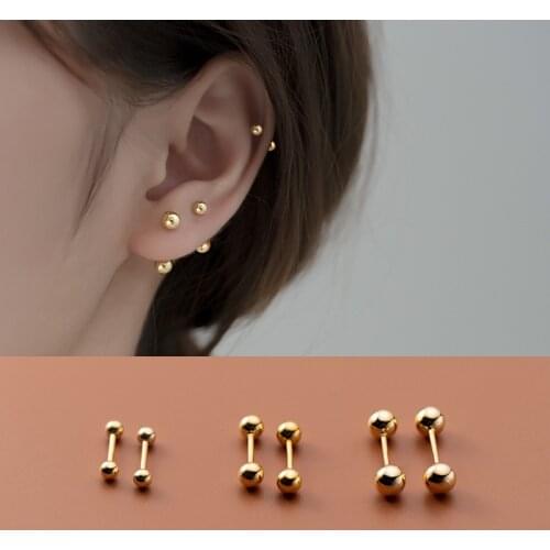 3MM 4MM 5MM Cute 100% Real. 925 Sterling Silver Fine Jewelry Double Lucky Ball Ear-Bone Piercing Screw ear Stud Earrings