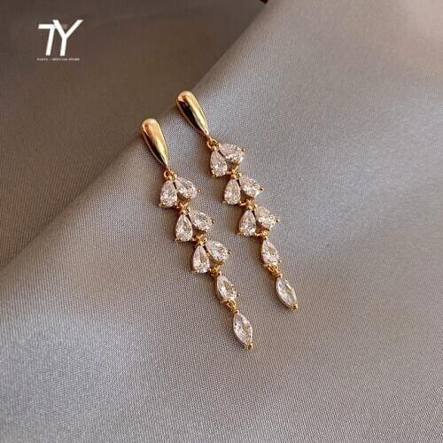 Shiny Zircon Tassel Leaf Shape Gold Earrings For Woman 2020 New Fashion Jewelry Wedding Party Unusual Girls Luxury Earrings