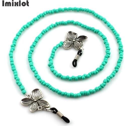 Fashion Four Petals Flower Eyeglass Chains Sunglasses Necklace Green Beaded Glasses Chain Eyewears Cord Holder Neck Strap Rope