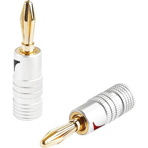 For 2pcs 24K gold-plated 4MM banana connector with screw lock for audio jack speaker plug, black and red positive and negative