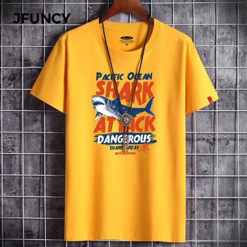 JFUNCY S-6XL Oversize Men Loose Tee Tops 100% Cotton Short Sleeve Ocean Shark Print Mens T-shirt Summer New Male Casual Tshirt