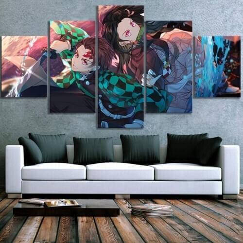 Canvas Painting Wall Art 5 Pcs Demon Slayer Kimetsu No Yaiba HD Printed Poster Anime Modular Picture for Living Room Home Decor