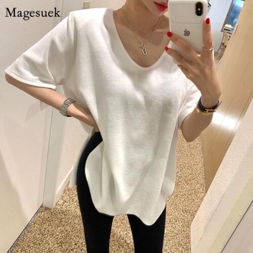 Korean Loose Short-sleeved T-shirt Summer New Ins Style Split Arc Design Wild Round Neckbottoming T-shirt Solid Color Tee 13554
