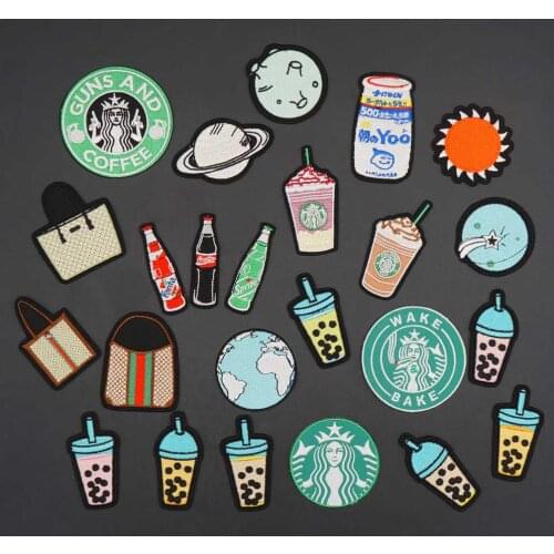 Creative Funny Milk Tea Soda Bottle Embroidery Patches for Clothes Applique Badge DIY Accessory
