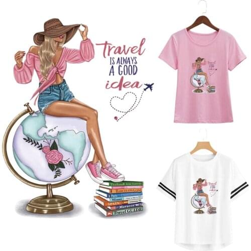 Cool Stickers Patch Travel Girl Stickers Diy Accessory Heat Transfer Iron On Fashion Clothes Parches Globe Book
