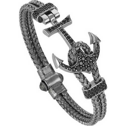 Anchor Cuff Bracelets & Bangles Men Atolyestone Bracelet Gold Stainless Steel Anchor Black Leather Cuff Bangles Pulsera BCB-0125