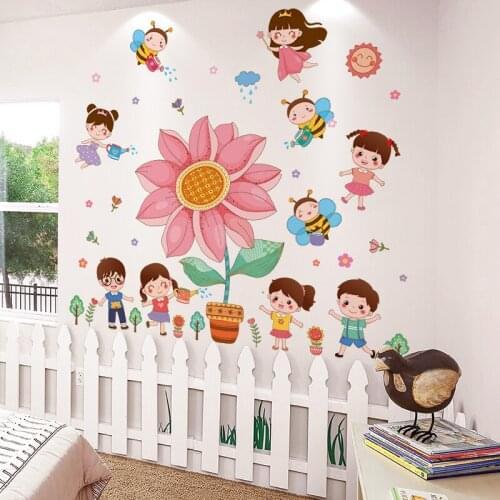 Cartoon Flowers Wall Stickers for Kids Room Decoration Aesthetic Large Sunflower Wall Decals Kindergarten Mural Removable