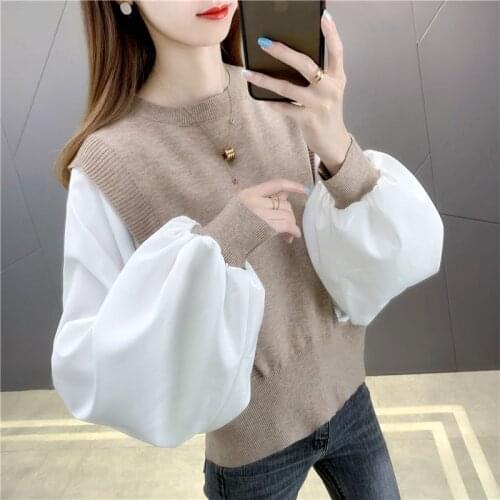 2021 new fake two-piece casual sweater women splicing all-match western style spring and autumn knit sweater thin section