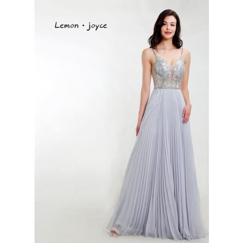 Lemon joyce Gray Prom Dresses 2020 Sexy V-neck See-through Backless Party Gowns Evening Dress