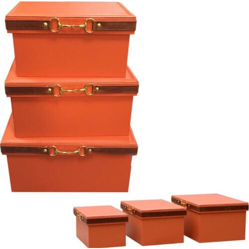Luxury Pu Leather Orange Storage Bins Colorful Storage Box Organizer Containers Baskets with Cover Handles