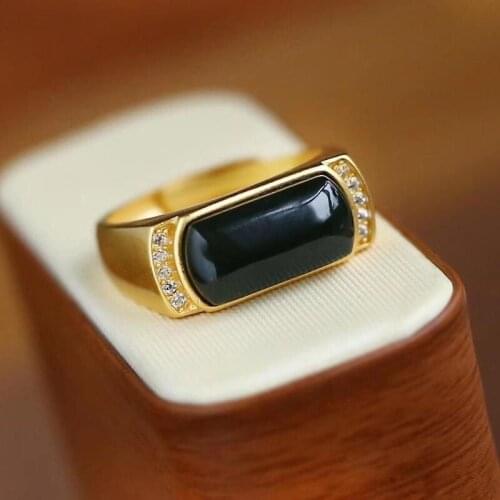 Luxury Gold Color Wedding Ring Male Female Retro Black Stone Opening Rings For Women Men Vintage Geometry Zircon Engagement Ring