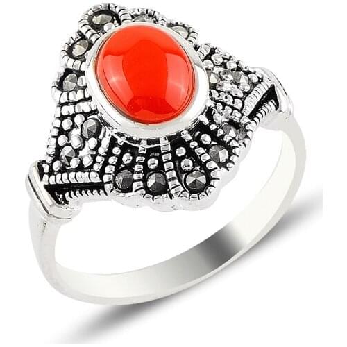 Silver 925 Sterling Coral & Marcasite Ring