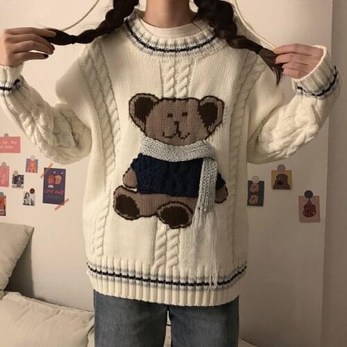 Scarf Bear Cute Womens Knitted Sweater Pullovers Long Sleeve Fall,Winter Sweaters Cute Girls Loose Color Beige