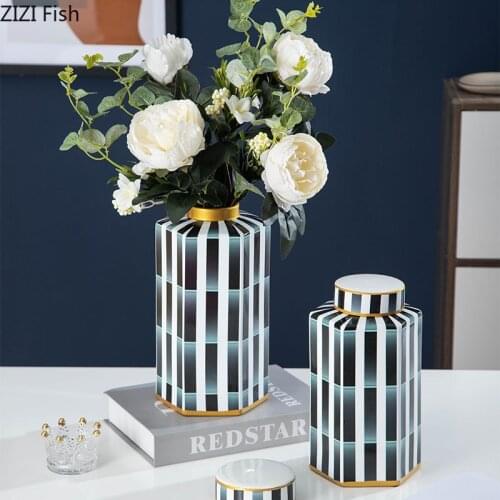 Creative Striped Plaid Ceramic Vase Flower Arrangement Dried Flower Desktop Decoration Hydroponic Vase Living Room Office Decor