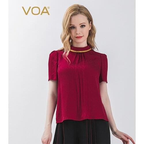 Voa Silk 22mm Luo Xia Red Jacquard Half-collar Short Sleeve Design Diamond Buttons Loose T-shirt B15 T Shirt Women Befree