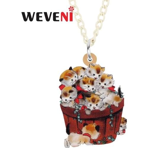 WEVENI Acrylic Sweet Orange Cat Kitten Barrel Tub Necklace Pendant Long Fashion Chain Charms Unique Gift Jewelry For Women Girls