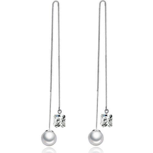 Hight Quality Fashion Jewelry 2017 New Design Shiny Crystal Pearl 925 Sterling Silver Long Drop Earrings for Women Gift Hot Sale