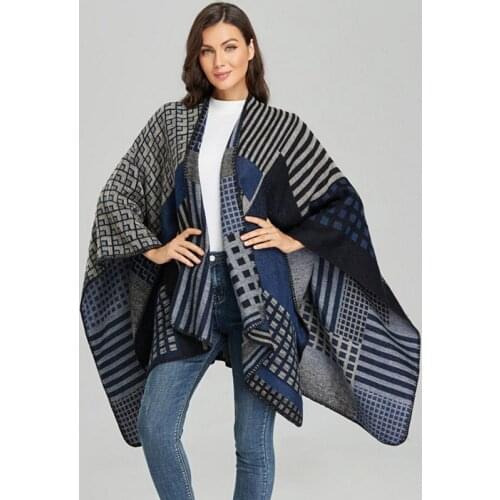 Imitation Cashmere Women Double Sided Plaid Scarf Vintage Winter Warm Shawl Wrap Female Knitted Warm Split Soft Thick Blanket