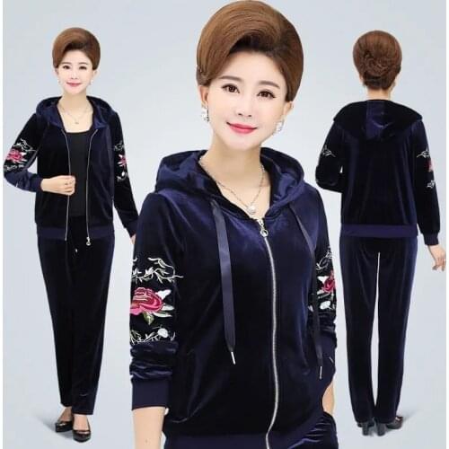 Middle-aged Women Gold velvet Two Piece Sets Spring Autumn Plus size Loose Sports Sets Trousers Suit Womens Sportswear Tracksuit
