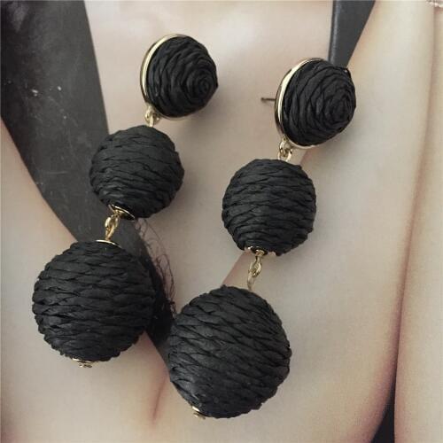 Bohemia Gold Color Plating White or Black Raffia Wrapping Ball Linked Drop Earrings For Women Girl Casual Party Wearing Jewelry