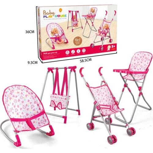4 In 1 Baby Child Furniture Toy Set Doll Swing Cot Highchair Stroller 4 In 1 Gift Box Dollhouse Accessories Pretend Play Toy Set