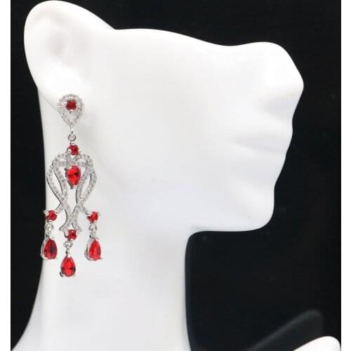 34x14mm SheCrown Pretty Red Blood Ruby White CZ Womans Gift For Sister Silver Earrings