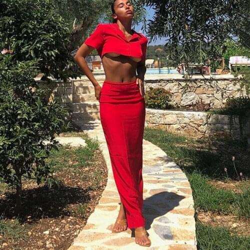 Avrilyaan Red Casual Two Piece Set 2021 Buttons Short Top Long Skirt Autumn Women Set High Stretch elegant 2 Piece Set Women Set