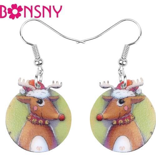 Bonsny Acrylic Christmas Anime Elk Deer Antlers Round Earrings Drop Dangle Jewelry For Women Girls Teen Festival Decoration Gift