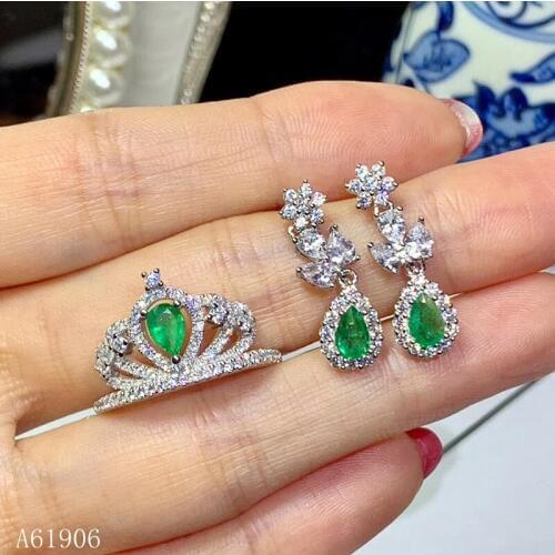 KJJEAXCMY boutique jewelry 925 sterling silver inlaid natural emerald jewelry female ring earrings set support detection luxury