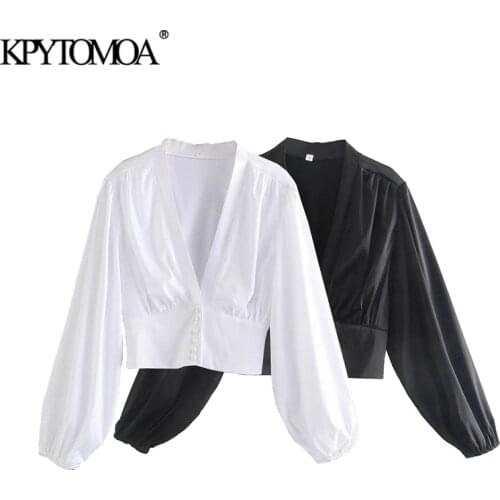 KPYTOMOA Women 2021 Fashion With Buttons Pleated Cropped Blouses Vintage Long Sleeve Fitted Female Shirts Blusas Chic Tops