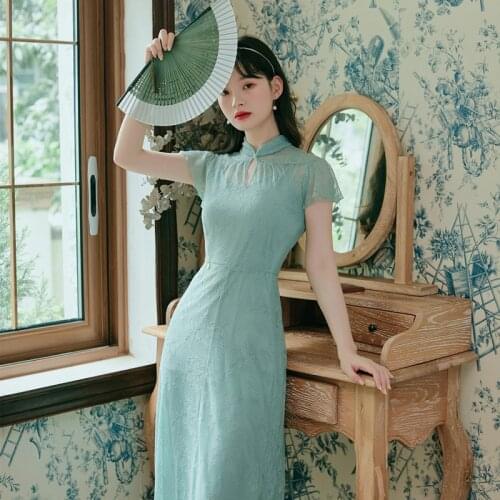 Sweet Vintage Lace Cheongsam Female Summer Dress Retro Improved Modern Chic Girl Elegant Style Qipao Vestidos
