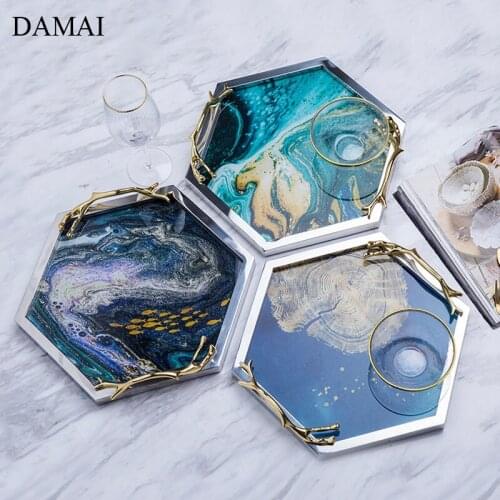 Nordic Luxury Creativity Trays Decorative Quicksand Agate Texture Hexagon Necklace Jewelry Plates Living Room Decoration Tray