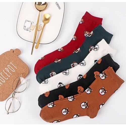 Japanese Style Mid Tube Sock Cotton Women Socks Autumn Winter Breathable Keep Warm Cartoon Dog Cute Funny Socks Harajuku