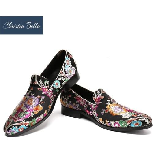 Christia Bella New Style Handmade Black Color Print Flower China Style Men Loafers Wedding and Party Men Shoes Fashion Mens Flat