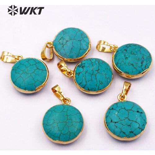 WT-P1136 Wholesale Popular jewelry natural green howlite pendant Tiny round stone with gold color edge pendant for women jewelry