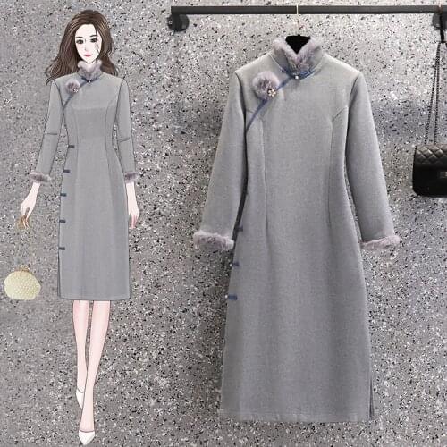 EHQAXIN Autumn Winter New Plus Size Womens Cheongsam Dress Stand-Up Collar Stitching Raw Edge Retro Split Thick Warm Dress M-4XL