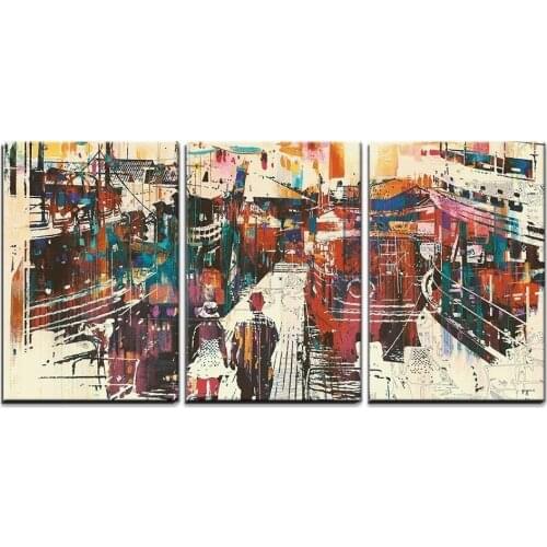 Couple Walking On Harbor Pier With Colorful Boats Modern Art Oil Wall Decoration Home Office