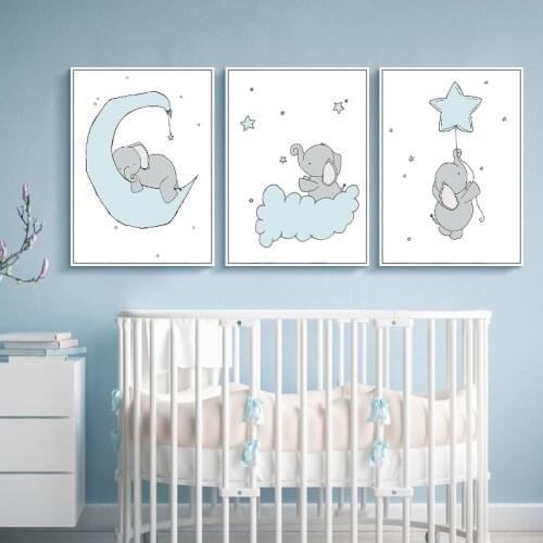 Cartoon Cloud Elephant Green Nursery Wall Art Self Adhesive Wall Stickers Minimalist Poster Nordic Picture Baby Boy Room Decor