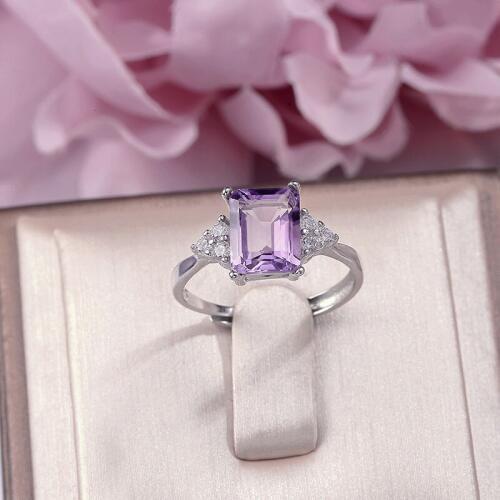 Fine Jewelry Rings For Women Amethyst Sterling Silver S925 9*7mm Natural Gemstone Adjustable Rectangle Purple Ring R-AM006