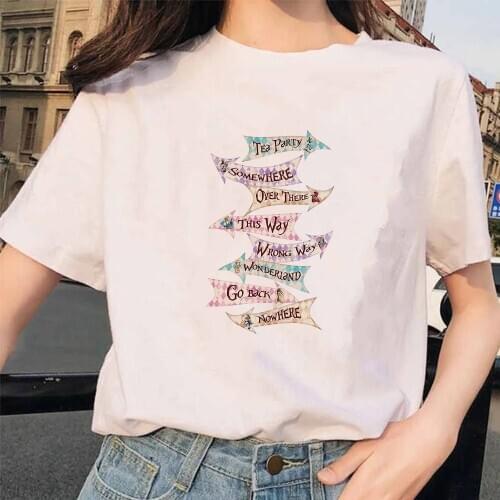 Women Alice in Wonderland Printed Girl Tshirt Summer Funny TEA PARTY Graphic Tee Shirt Femme Vogue Harajuku T Shirt,Drop Ship