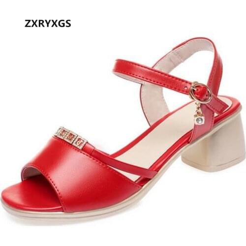 2021 New Summer Fish Mouth Genuine Leather Rhinestone Sandals Fashion Shoes Woman Sandals Thick Heels Large Size Black Beige Red