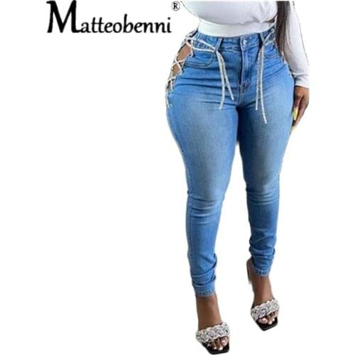 Plus Size Sexy Blue Hollow Out Denim Pants 2021 Women High Waist Ripped Pencil Jeans Ladies Lace Up Bandage Streetwear Trousers