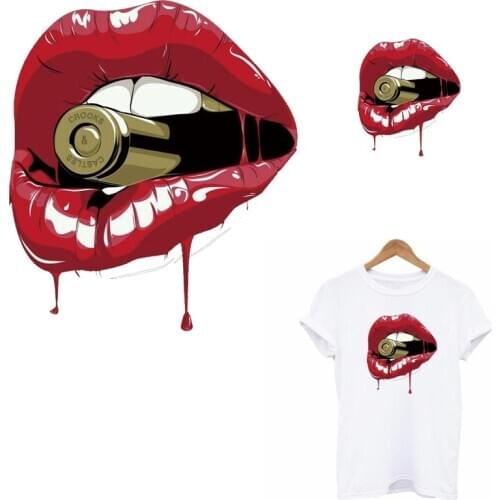 Bullet Lips Thermo Strips Sticker On Clothes DIY Washable Women T-shirt Applique Patches Iron On Transfer Fashion Lips Patch