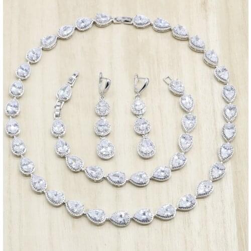 White Zirconia Silver Color Wedding Jewelry Sets For Women Pear Shape Necklace Earrings Bracelet Gift Bridal Jewelry